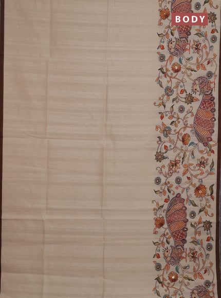 Semi raw silk saree beige and coffee brown with plain body and long kalamkari printed embroidery border