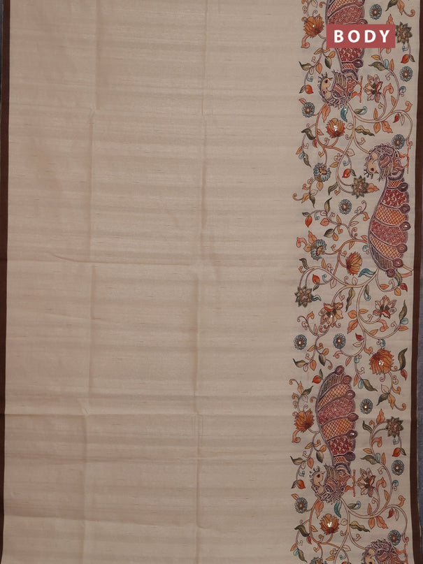 Semi raw silk saree beige and coffee brown with plain body and long kalamkari printed embroidery border