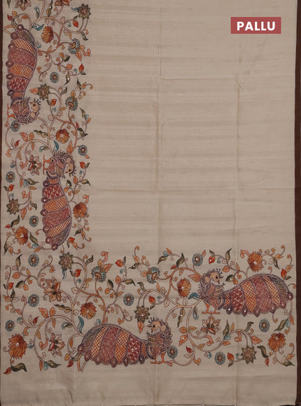 Semi raw silk saree beige and coffee brown with plain body and long kalamkari printed embroidery border
