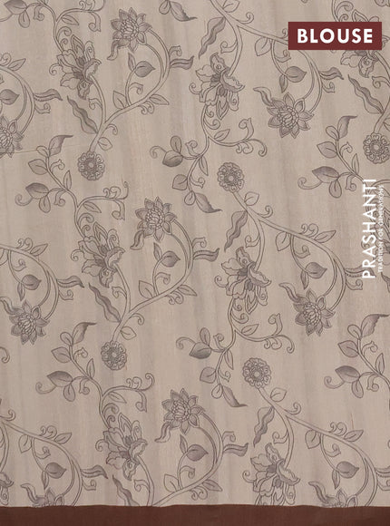 Semi raw silk saree beige and coffee brown with plain body and long kalamkari printed embroidery border