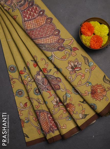 Semi raw silk saree mustard yellow and coffee brown with plain body and long kalamkari printed embroidery border