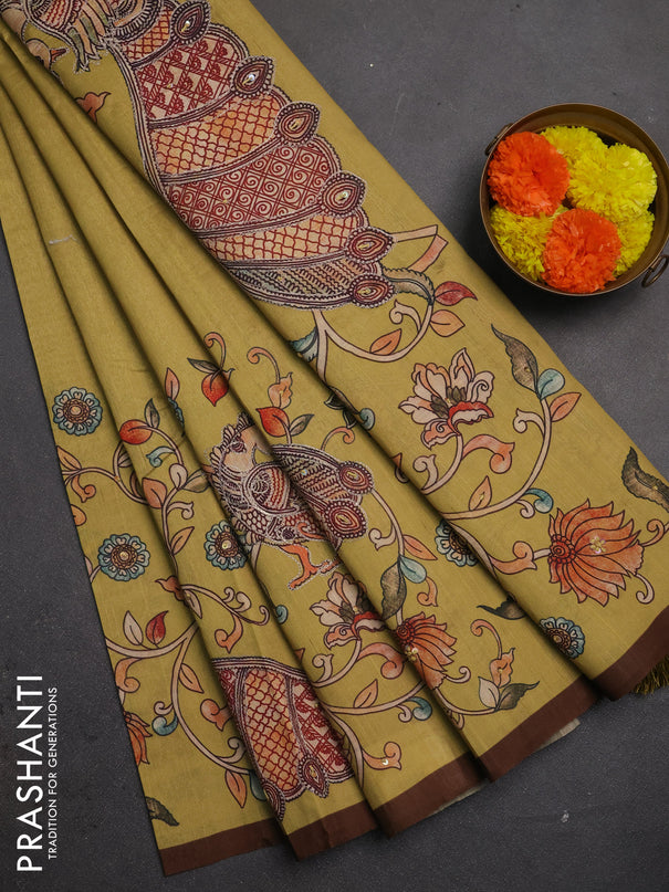 Semi raw silk saree mustard yellow and coffee brown with plain body and long kalamkari printed embroidery border