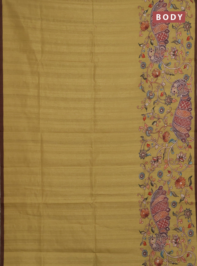 Semi raw silk saree mustard yellow and coffee brown with plain body and long kalamkari printed embroidery border