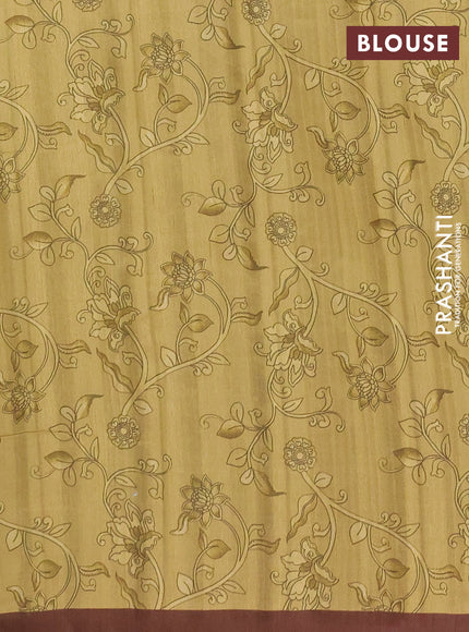 Semi raw silk saree mustard yellow and coffee brown with plain body and long kalamkari printed embroidery border