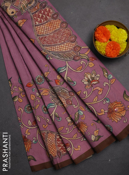 Semi raw silk saree onion pink and coffee brown with plain body and long kalamkari printed embroidery border