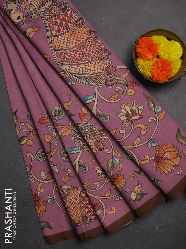 Semi raw silk saree onion pink and coffee brown with plain body and long kalamkari printed embroidery border