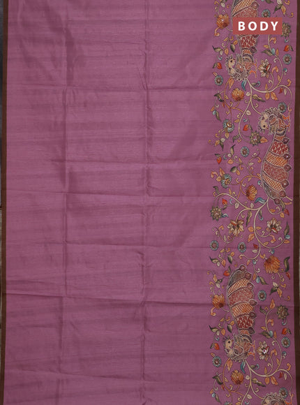 Semi raw silk saree onion pink and coffee brown with plain body and long kalamkari printed embroidery border