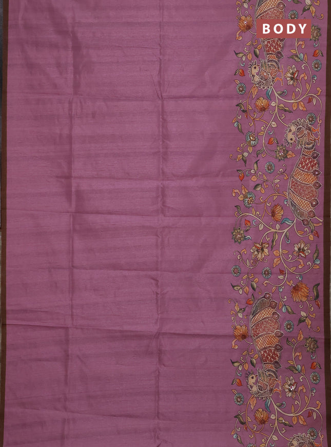 Semi raw silk saree onion pink and coffee brown with plain body and long kalamkari printed embroidery border