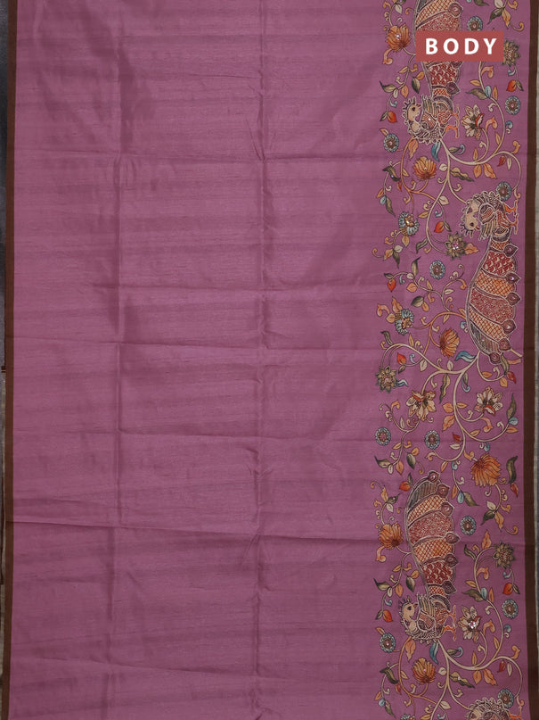 Semi raw silk saree onion pink and coffee brown with plain body and long kalamkari printed embroidery border