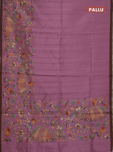 Semi raw silk saree onion pink and coffee brown with plain body and long kalamkari printed embroidery border
