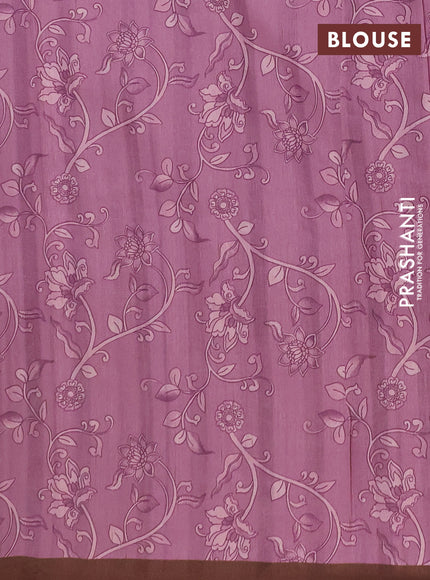 Semi raw silk saree onion pink and coffee brown with plain body and long kalamkari printed embroidery border