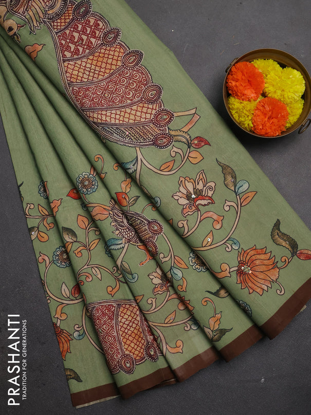 Semi raw silk saree pastel green and coffee brown with plain body and long kalamkari printed embroidery border
