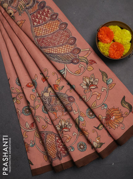 Semi raw silk saree peach shade and coffee brown with plain body and long kalamkari printed embroidery border