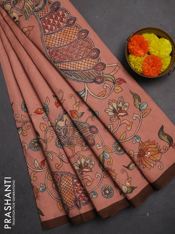 Semi raw silk saree peach shade and coffee brown with plain body and long kalamkari printed embroidery border