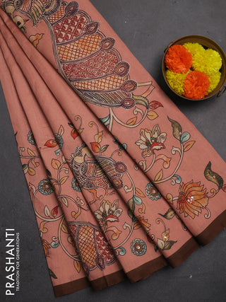 Semi raw silk saree peach shade and coffee brown with plain body and long kalamkari printed embroidery border