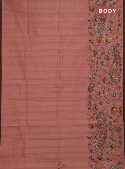 Semi raw silk saree peach shade and coffee brown with plain body and long kalamkari printed embroidery border