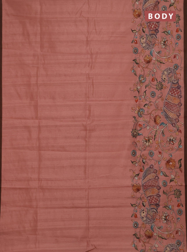 Semi raw silk saree peach shade and coffee brown with plain body and long kalamkari printed embroidery border