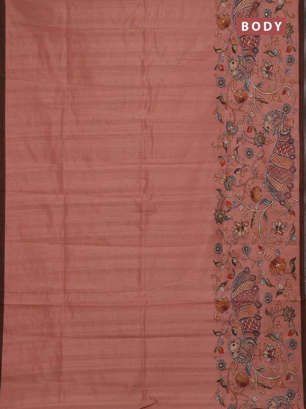 Semi raw silk saree peach shade and coffee brown with plain body and long kalamkari printed embroidery border