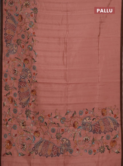 Semi raw silk saree peach shade and coffee brown with plain body and long kalamkari printed embroidery border