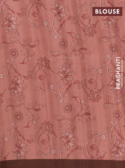 Semi raw silk saree peach shade and coffee brown with plain body and long kalamkari printed embroidery border