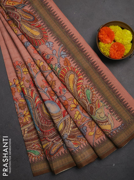 Semi raw silk saree peach shade and coffee brown with mirror embroidery buttas and long kalamkari printed embroidery border
