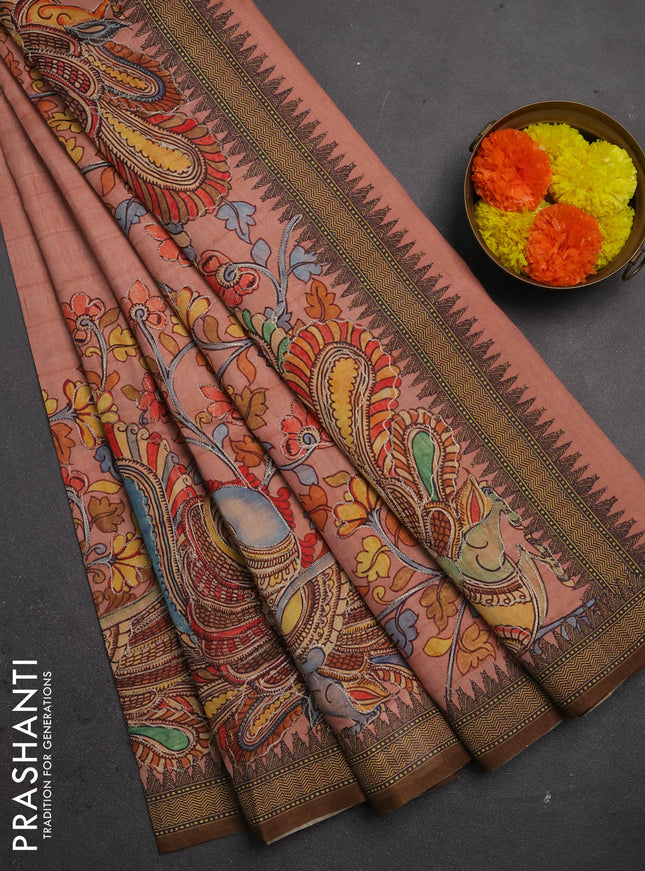 Semi raw silk saree peach shade and coffee brown with mirror embroidery buttas and long kalamkari printed embroidery border