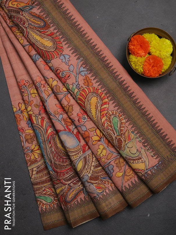 Semi raw silk saree peach shade and coffee brown with mirror embroidery buttas and long kalamkari printed embroidery border