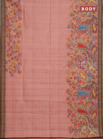 Semi raw silk saree peach shade and coffee brown with mirror embroidery buttas and long kalamkari printed embroidery border