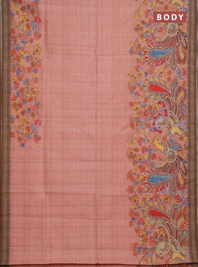 Semi raw silk saree peach shade and coffee brown with mirror embroidery buttas and long kalamkari printed embroidery border