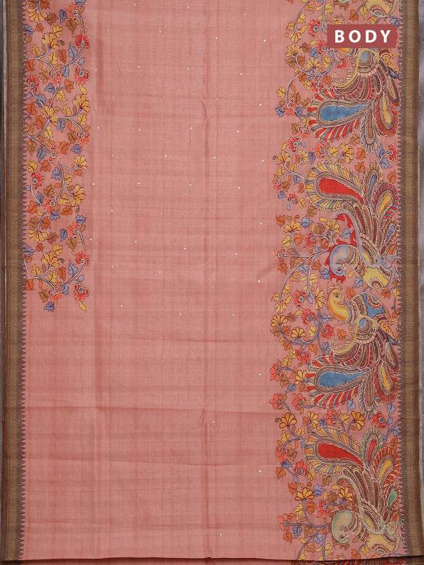 Semi raw silk saree peach shade and coffee brown with mirror embroidery buttas and long kalamkari printed embroidery border