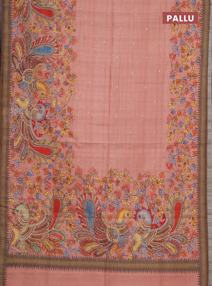 Semi raw silk saree peach shade and coffee brown with mirror embroidery buttas and long kalamkari printed embroidery border