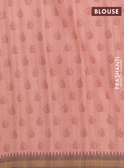 Semi raw silk saree peach shade and coffee brown with mirror embroidery buttas and long kalamkari printed embroidery border