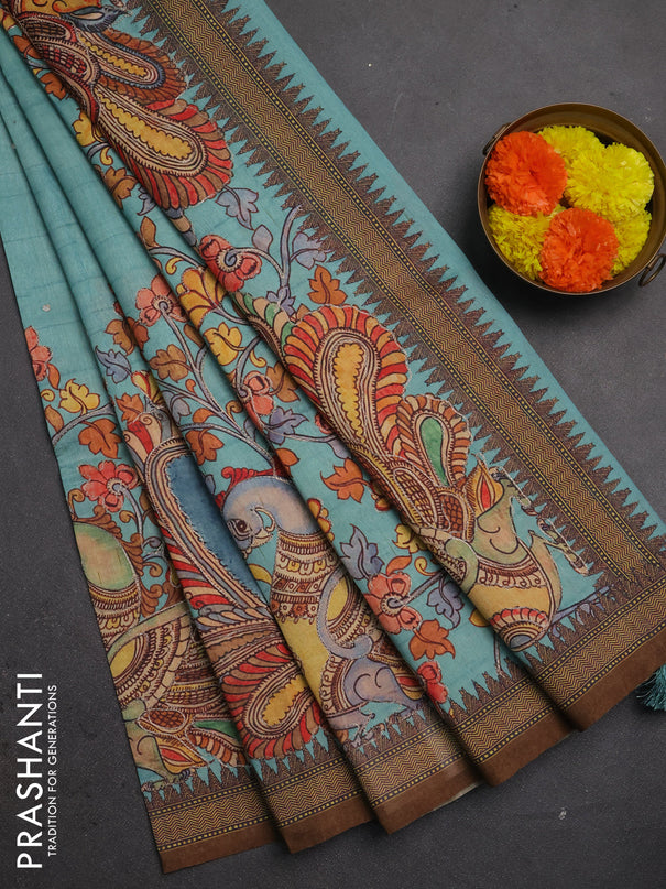 Semi raw silk saree teal blue and coffee brown with mirror embroidery buttas and long kalamkari printed embroidery border