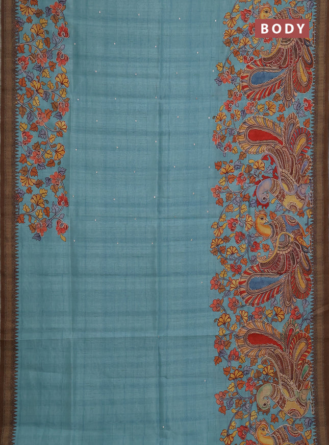 Semi raw silk saree teal blue and coffee brown with mirror embroidery buttas and long kalamkari printed embroidery border
