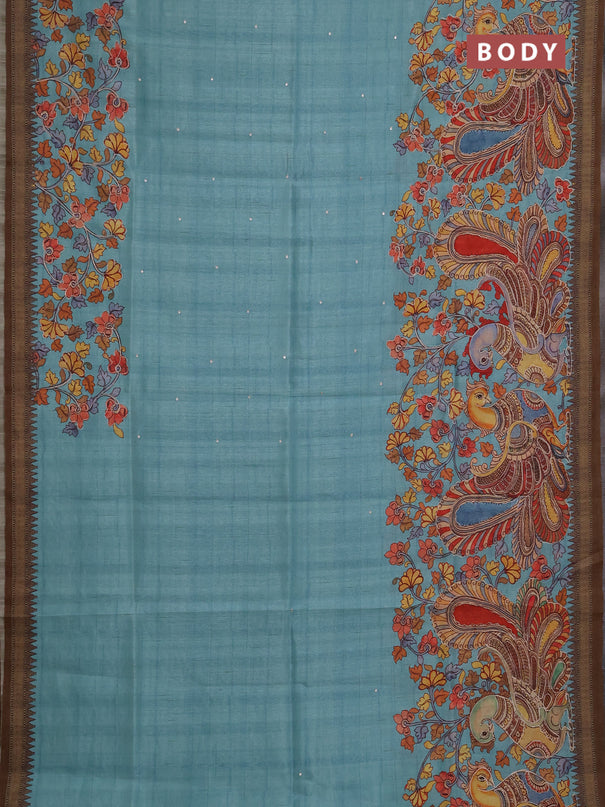 Semi raw silk saree teal blue and coffee brown with mirror embroidery buttas and long kalamkari printed embroidery border