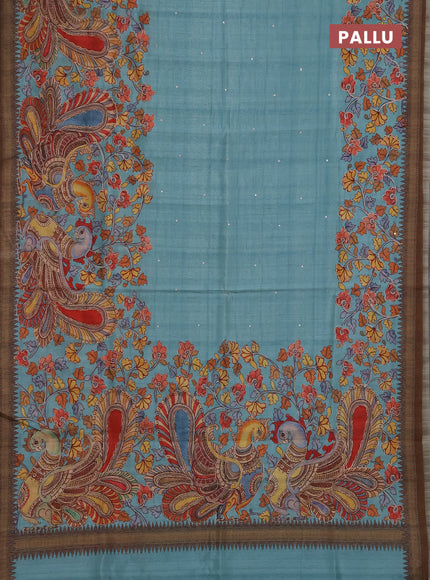 Semi raw silk saree teal blue and coffee brown with mirror embroidery buttas and long kalamkari printed embroidery border