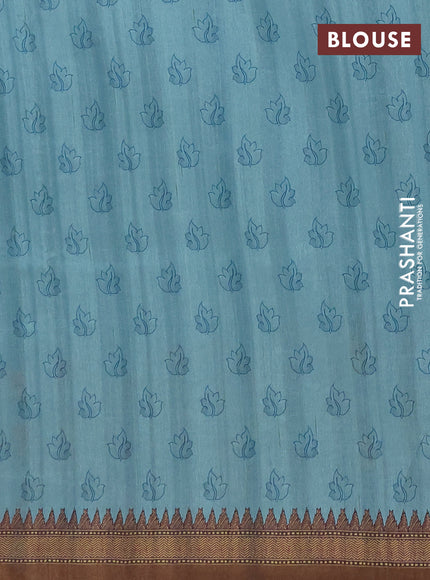 Semi raw silk saree teal blue and coffee brown with mirror embroidery buttas and long kalamkari printed embroidery border