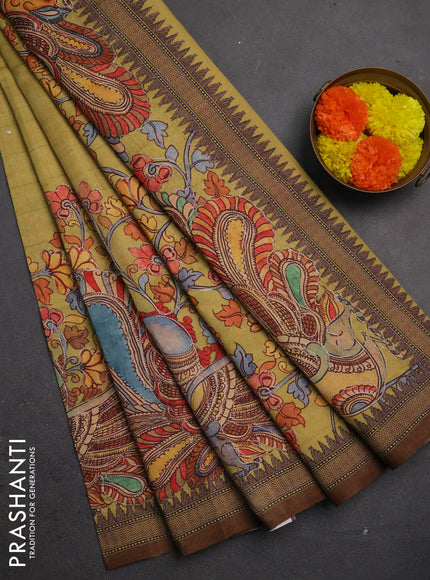 Semi raw silk saree mustard yellow and coffee brown with mirror embroidery buttas and long kalamkari printed embroidery border