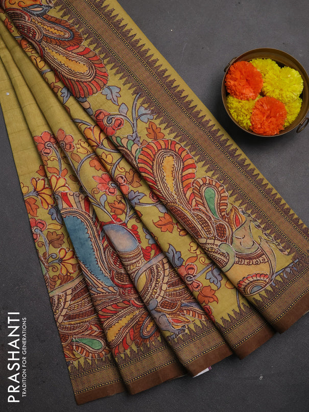 Semi raw silk saree mustard yellow and coffee brown with mirror embroidery buttas and long kalamkari printed embroidery border