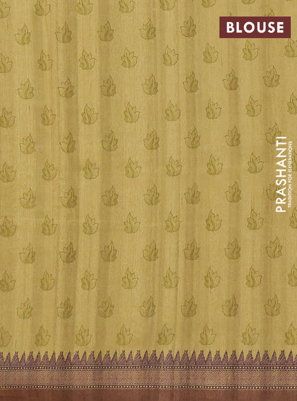 Semi raw silk saree mustard yellow and coffee brown with mirror embroidery buttas and long kalamkari printed embroidery border
