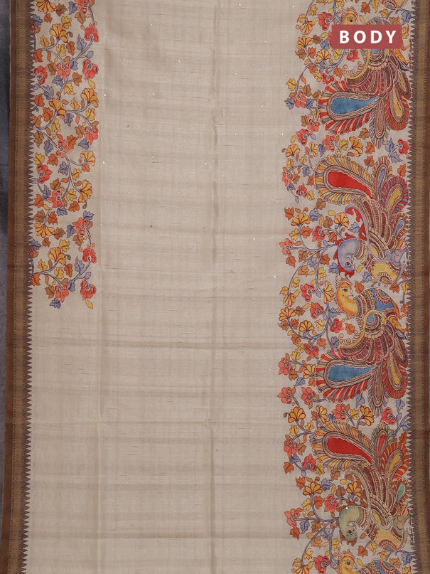 Semi raw silk saree beige and coffee brown with mirror embroidery buttas and long kalamkari printed embroidery border