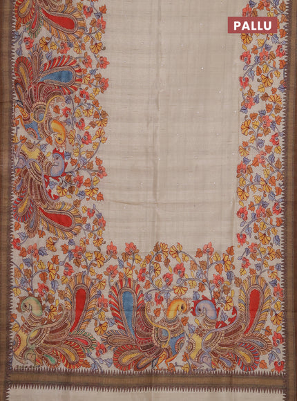 Semi raw silk saree beige and coffee brown with mirror embroidery buttas and long kalamkari printed embroidery border