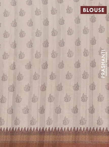 Semi raw silk saree beige and coffee brown with mirror embroidery buttas and long kalamkari printed embroidery border