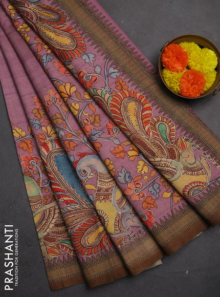 Semi raw silk saree pastel pink and coffee brown with mirror embroidery buttas and long kalamkari printed embroidery border