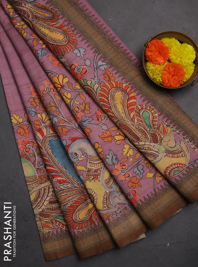 Semi raw silk saree pastel pink and coffee brown with mirror embroidery buttas and long kalamkari printed embroidery border