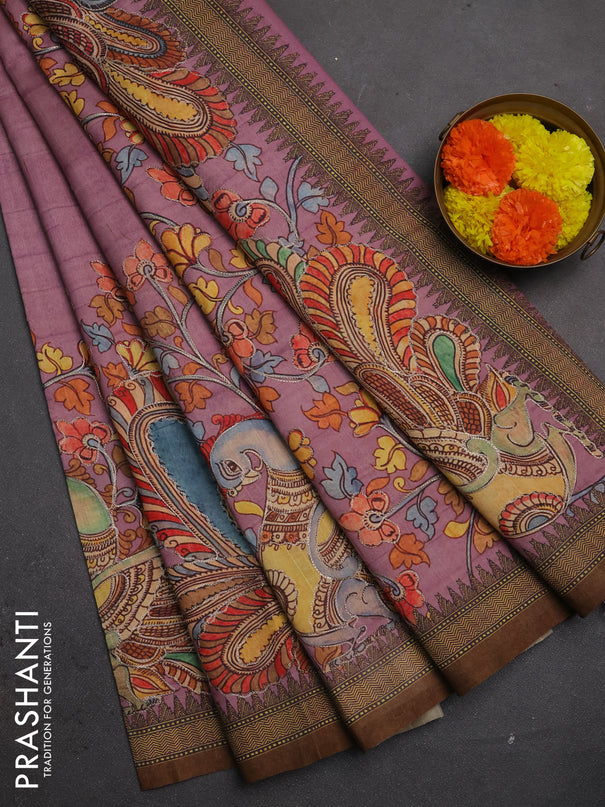 Semi raw silk saree pastel pink and coffee brown with mirror embroidery buttas and long kalamkari printed embroidery border