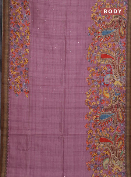 Semi raw silk saree pastel pink and coffee brown with mirror embroidery buttas and long kalamkari printed embroidery border