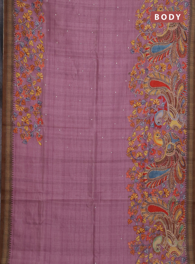 Semi raw silk saree pastel pink and coffee brown with mirror embroidery buttas and long kalamkari printed embroidery border