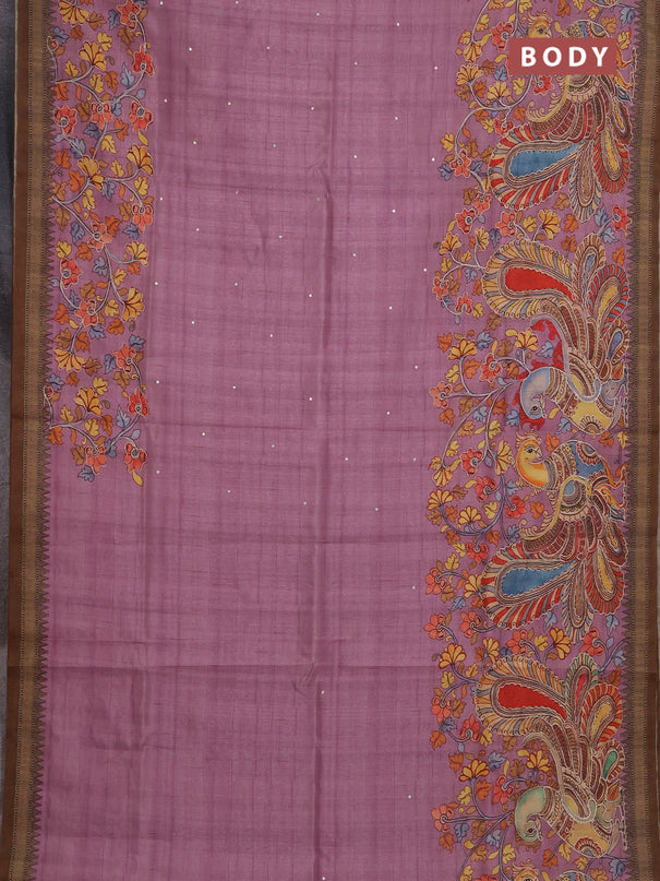 Semi raw silk saree pastel pink and coffee brown with mirror embroidery buttas and long kalamkari printed embroidery border