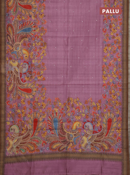 Semi raw silk saree pastel pink and coffee brown with mirror embroidery buttas and long kalamkari printed embroidery border
